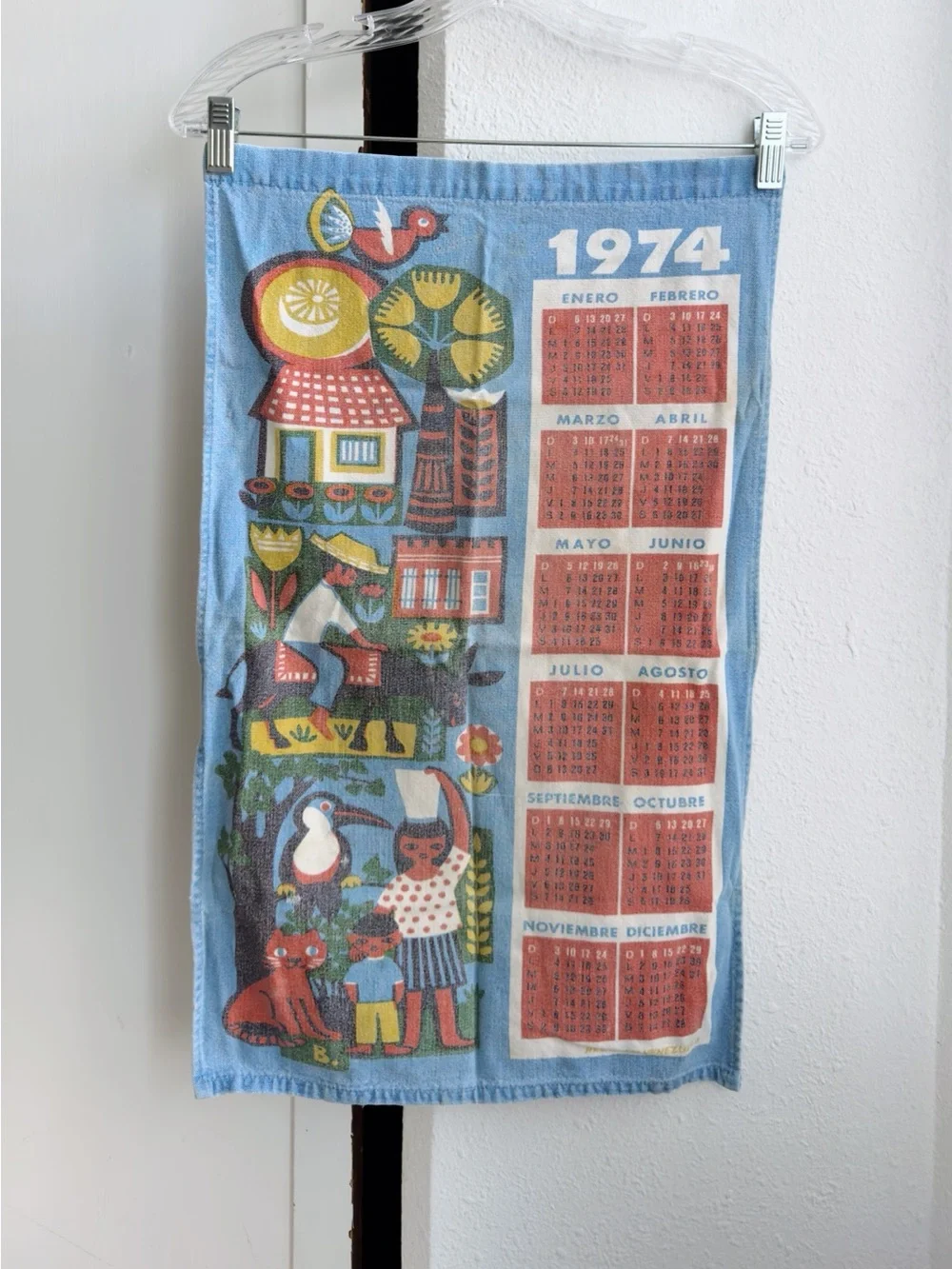 Vintage 1974 Blue Calendar Tea Towel - Colorful Folk Art Design